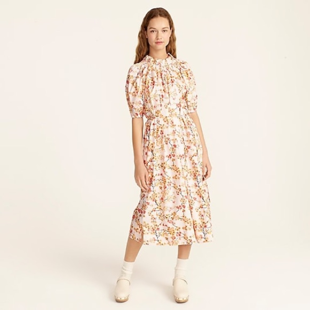 J.Crew Smocked neck puff-sleeve dress in cherry blossoms BA926